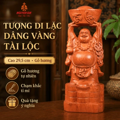Tượng Di Lặc Dâng Vàng Tài Lộc Cao 29,5 cm Bằng Gỗ Hương