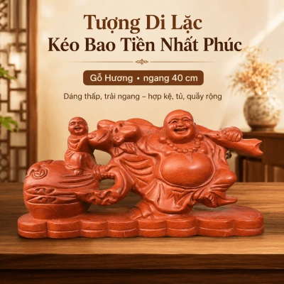 Tượng Di Lặc Kéo Bao Tiền Nhất Phúc Gỗ Hương Ngang 40 cm