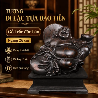 Tượng Di Lặc Tựa Bao Tiền Gỗ Trắc Độc Bản Ngang 26 cm