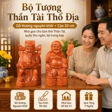 Bộ Tượng Thần Tài Thổ Địa Gỗ Hương Nguyên Khối Cao 20 cm