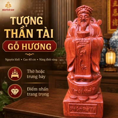 Tượng Thần Tài Gỗ Hương Nguyên Khối Cao 40 cm – Nâng Đĩnh Vàng