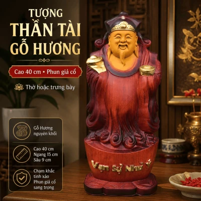 Tượng Thần Tài Gỗ Hương Nguyên Khối Cao 40 cm Phun Giả Cổ