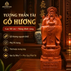 Tượng Thần Tài Gỗ Hương Nguyên Khối Cao 50 cm – Nâng Đĩnh Vàng