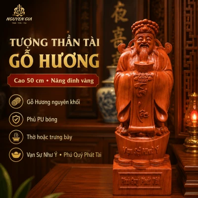 Tượng Thần Tài Gỗ Hương Nguyên Khối Cao 50 cm – Nâng Đĩnh Vàng