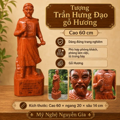 Tượng Trần Hưng Đạo gỗ Hương cao 60 cm
