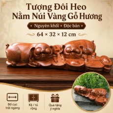 Tượng Đôi Heo Nằm Núi Vàng Gỗ Hương Nguyên Khối 64 × 32 × 12 cm – Độc Bản