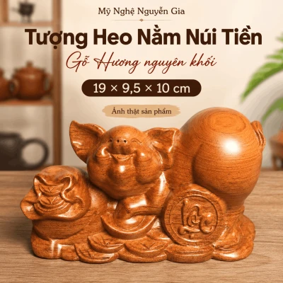 Tượng Heo Nằm Núi Tiền Gỗ Hương Nguyên Khối 19 × 9,5 × 10 cm