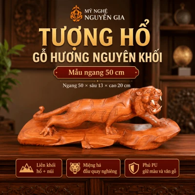 Tượng Hổ Bằng Gỗ Hương Nguyên Khối Ngang 50 cm