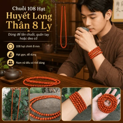 Chuỗi 108 Hạt Huyết Long Thân 8 Ly Có Hạt Phụ Và Nậm
