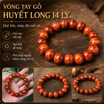 Vòng Tay Gỗ Huyết Long 14 Ly Hạt Lớn, Màu Đỏ Nổi Rõ