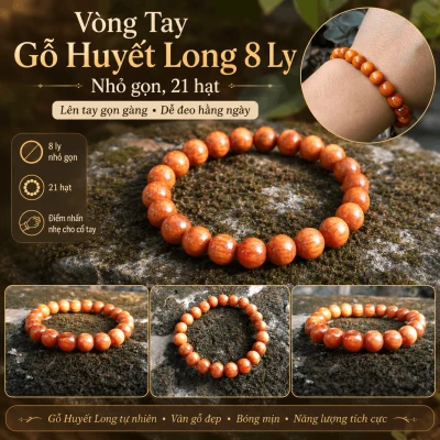 Vòng Tay Gỗ Huyết Long 8 Ly Nhỏ Gọn, 21 Hạt