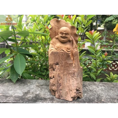 Tượng di lặc lá sen gỗ ngọc am thơm mát KT39x25 cm (Mộc)